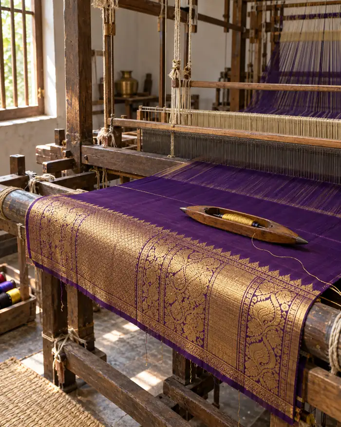 A Kanchipuram handloom at rest, a purple silk saree with a gold zari border half-woven on the beam